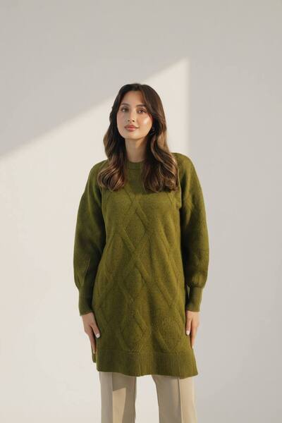 Balenbi Women's Crew Neck Diamond Pattern 80cm Soft Knitwear Tunic 1140