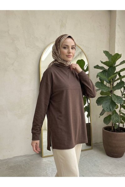 Generic Brand Half-Collar Front Robe with Slit Tunic - Brown