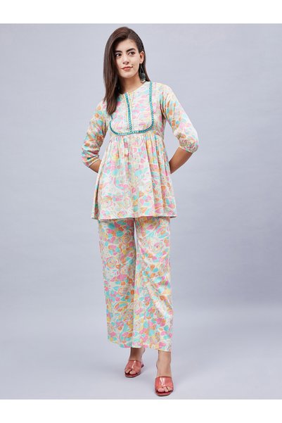 WineRed By Styli Off-White Floral Tunic and Wide Leg Pants Co-ord Set