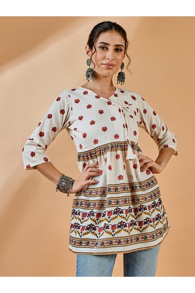 WineRed By Styli Off-White Floral Print Tunic with 3/4 Sleeves