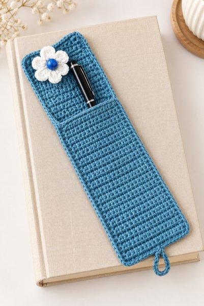 NEHOLİA Bookmark with Pen Holder, Blue Bookmark with Floral Detail, Gift for Book Lovers