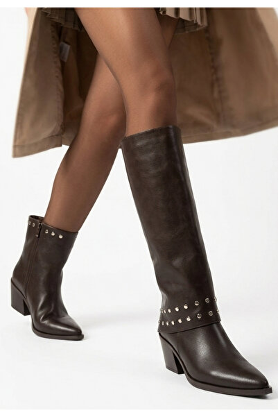Zerenyus Zrne-C06 Premium Brown Thick Heeled Slip-On Boots