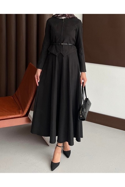 Hepsi Moda Zippered Leather Belted Skirt Set - 3215 - Black
