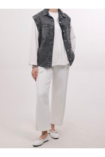 Hepsi Moda Shirt Collar Short Jean Vest - Anthracite