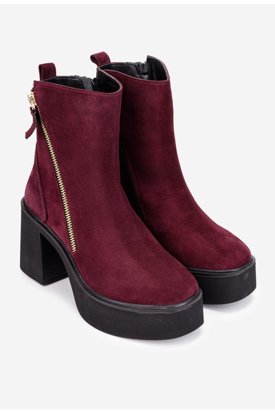 Dasha Botine dama burgundy din piele intoarsa cu fermoar decorativ
