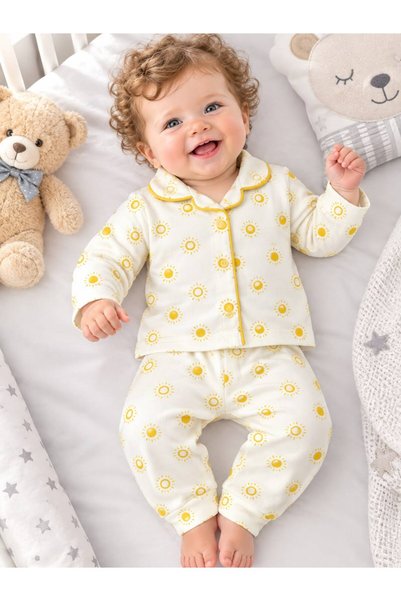 Sönmez Baby GÜNEŞ DESENLİ YAKA BİYELİ ALT ÜST PİJAMA İKİLİ BEBE TAKIMI