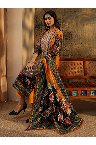 Libas By Styli Mustard Paisley Printed Kurta Set with Trousers and Dupatta