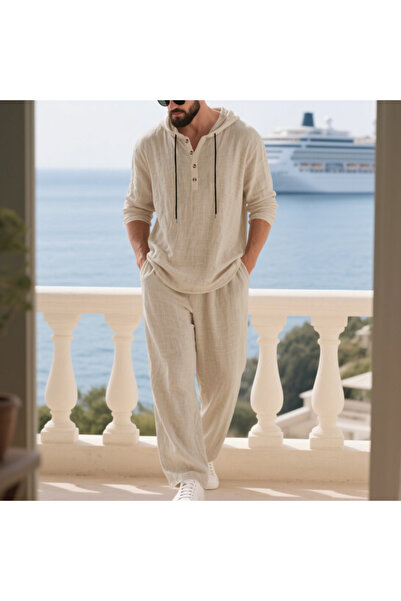 Take Two By Styli Men Beige Casual Linen Relaxed Hooded Shirt and Pants Co-Or...