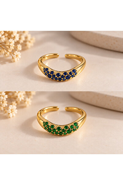 MİLANO BEAUTYS Women's Green and Navy Blue Stone Gold Color Adjustable Ring –...