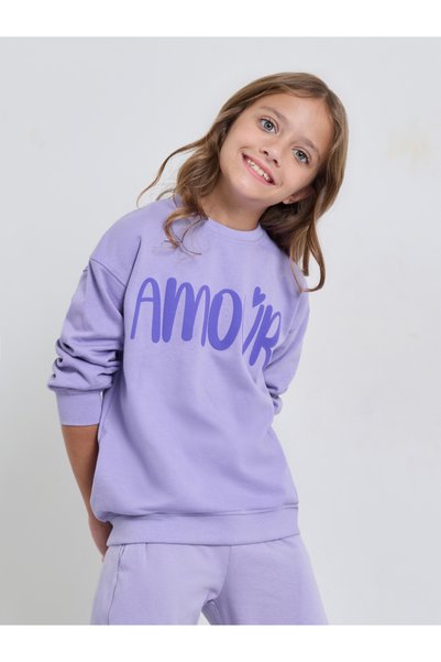 Styli Girls Lilac Cotton Drop Shoulder Sweatshirt