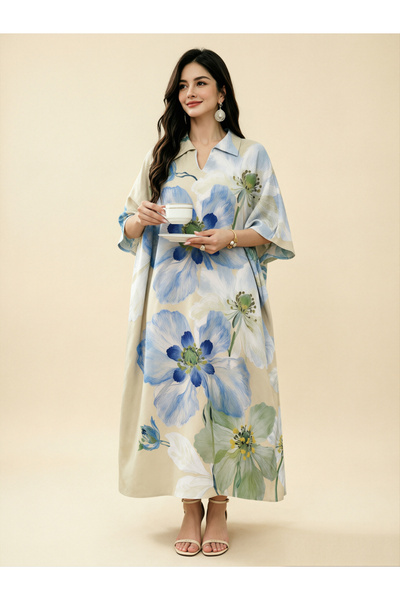 Take Two By Styli Beige Kaftan Dress with Floral Print