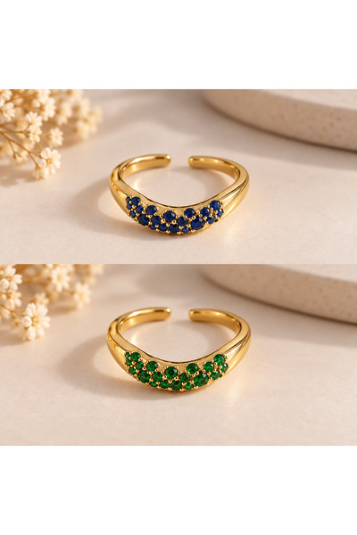 MİLANO BEAUTYS Women's Green and Navy Blue Stone Gold Color Adjustable Ring –...