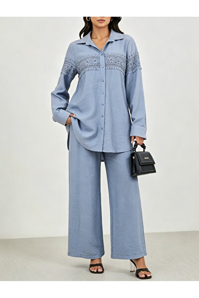 Take Two By Styli Blue Lace Detail Blouse and Wide-Leg Trousers Co-ord Set