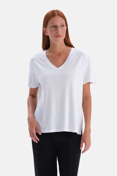 Dagi White V-Neck Viscose T-Shirt