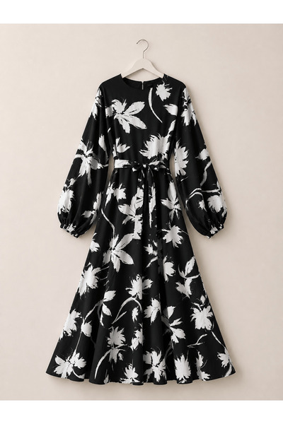 Hepsi Moda Brush Patterned Belted Dress - Black