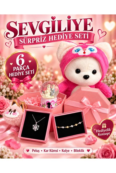 HEDİYEVİM Sevgiliye Hediye Arkadaşa hediye Büyük Peluş Ayıcık Hediye Seti – 1 Mini Peluş, Kar Küresi, Kolye, Bileklik, hediye Kutusu