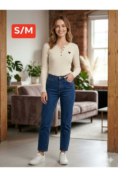 Generic Brand Ριπ Πλεκτή Μπλούζα Henley με Σχέδιο Καρδιά
