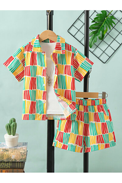 Take Two By Styli Boys Striped Print Collared Shirt and Shorts Set