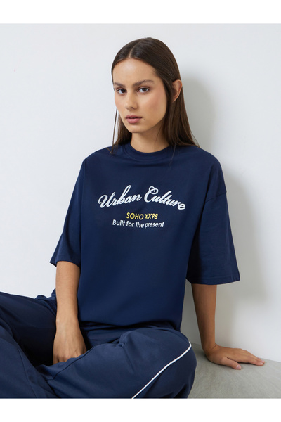 Styli Navy Blue Oversized Graphic Print Cotton T-Shirt