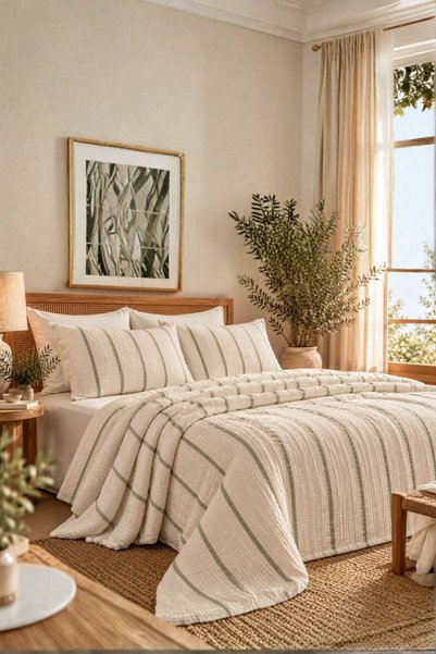 Layan Home 100% Cotton Muslin Duvet Cover Set Double - Striped