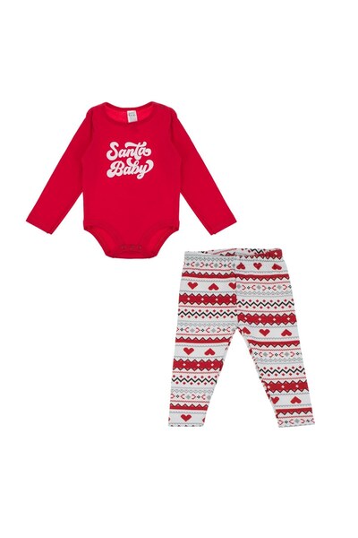 DD SHOP Set Pijama de Iarna cu Body Rosu & Colanti Albi cu Model Jaquard Inim...