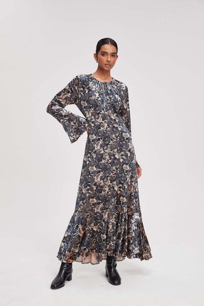 Livia Floral Print Maxi Dress with Long Flared Sleeves and Tiered Hem