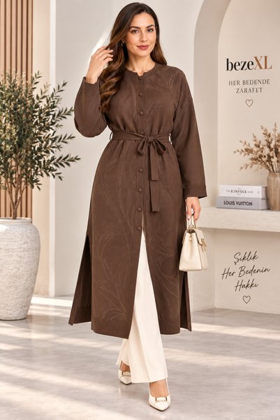 bezeXL Plus size patterned knit long cardigan mink