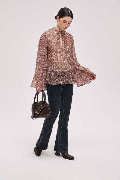 menta Geometric Print Tie-Neck Blouse with Bell Sleeves