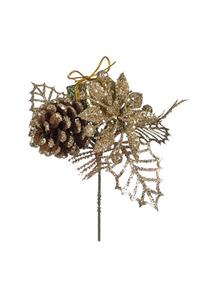 DD SHOP Ramura Decorativa de Craciun Bej Sampanie Conuri Cadou Glitter 20cm