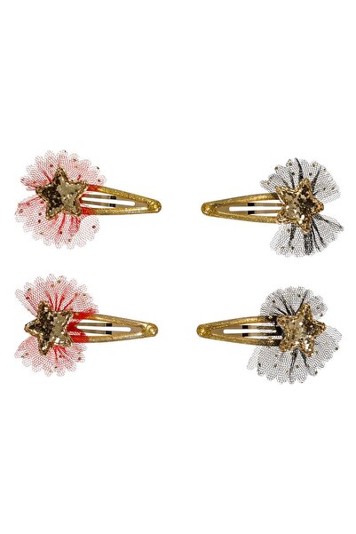DD SHOP Clame Metalice Par Stea Aurie cu Tul Rosu Negru de Craciun 5.5cm - 4buc