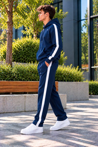 luci sports Men's Striped Detail Hooded Track Suit with Rubberized Cuffs
