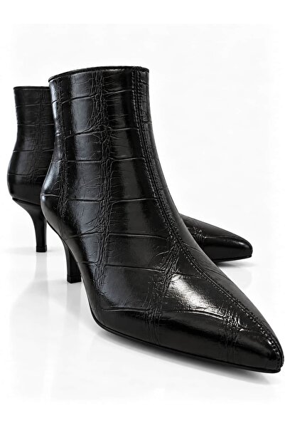 Lizy Shoes Botine elegante de damă, negre, cu model crocodil, cu vârf ascuțit...