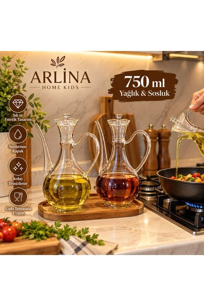 Arlina Home Kids 2'li 750 ML İbrik Model Cam Yağlık Seti-Akasya Standlı