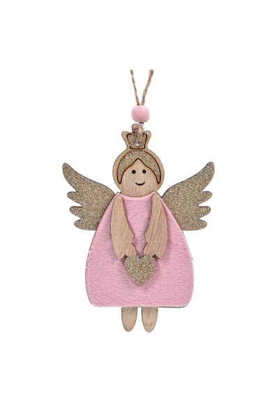 DD SHOP Ornament Brad de Craciun Ingeras din Lemn Roz Catifelat cu Glitter Be...