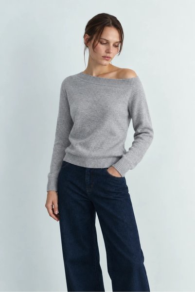Yefrastore Women's Gray Melange Boat Neck Soft Textured Knitwear Sweater