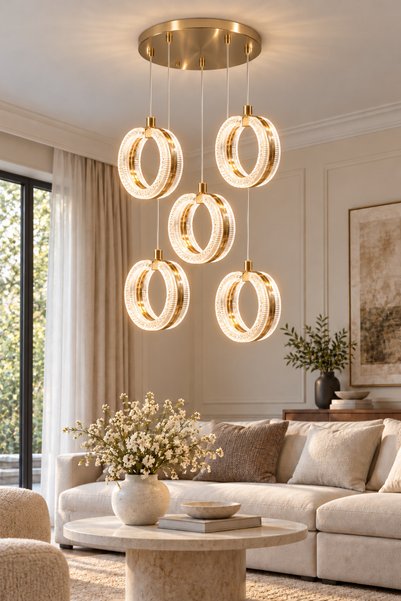 Modavize Queen Modern Gold Tasarım 5'li Uzaktan Kumandalı 3 Renk (Sarı Günışığı Ve Beyaz) - Ledli Banyo - Mutfak - Salon Ledli Sarkıt Avize