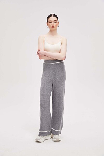 menta Ribbed Knit Wide-Leg Pants with Contrast Stripe Trim