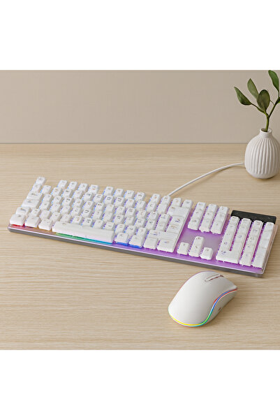 USB Kablolu Oyuncu Klavye ve Mouse Seti - Beyaz RGB