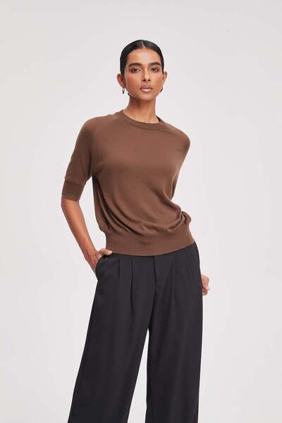 Livia Ribbed Short-Sleeve Blouse with Elastic Waist