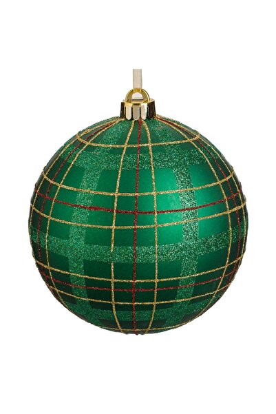 DD SHOP Ornament Brad de Craciun Glob Verde Mat cu Carouri Rosii & Glitter Au...
