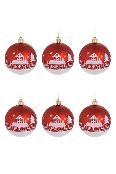 DD SHOP Set globuri de Crăciun roșii mate, cu căsuțe înzăpezite și glitter, d...