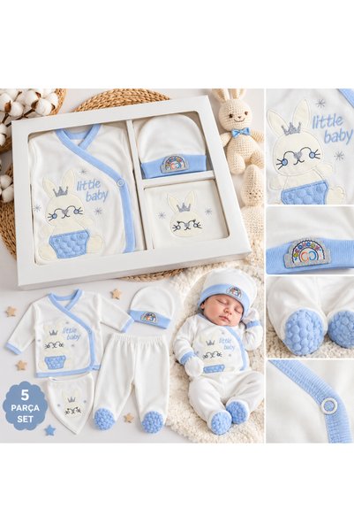 İrem Çocuk Giyim Baby Boy Rabbit Patterned Blue Color Boxed Five-Piece Bodysu...