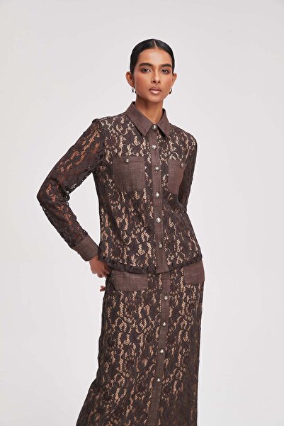 Livia Lace Button-Front Blouse with Collar and Chest Pockets