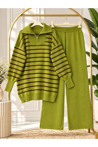 YILMAZBARMAZ Women's Hijab Striped Half-Zip Knitwear Set