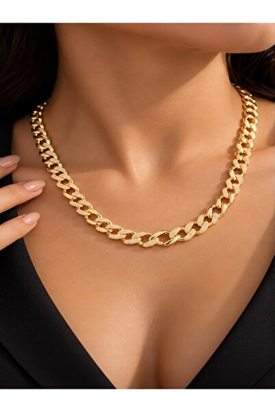 OEM 18K Gold Plated Bronze Cuban Link Necklace with Stones – 49 cm