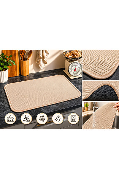 FBZhome Bulaşık Matı Süper Emici Bulaşık Kurutma Matı 43x35 cm Tezgah Üstü Bulaşık Matı Bej