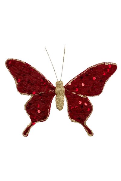 DD SHOP Fluture decorativ de Craciun cu clip, rosu cu paiete si glitter auriu...