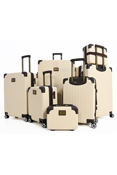 MORANO Shockproof and Drop Resistant Abs Luggage Sets 7-Piece Set Beige and Brown Hard-Shell Travel Luggage Sets