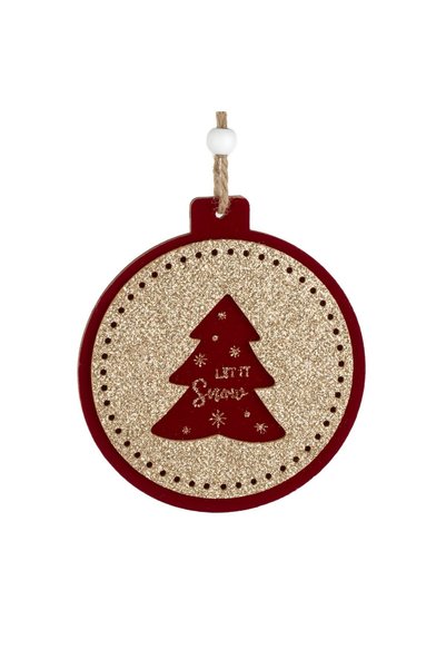 DD SHOP Ornament de Craciun din lemn rotund, catifelat rosu cu brad si glitte...