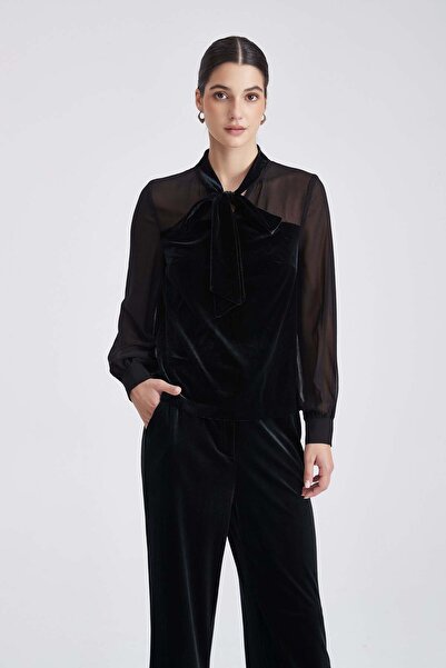 Yola Velvet Blouse with Bow-Tie Neckline and Sheer Chiffon Sleeves